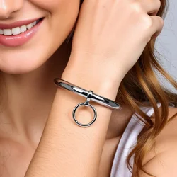 Polished shining stainless steel lockable wrist ankle cuffs bangle slave bracelet with removable O ring lock screw key