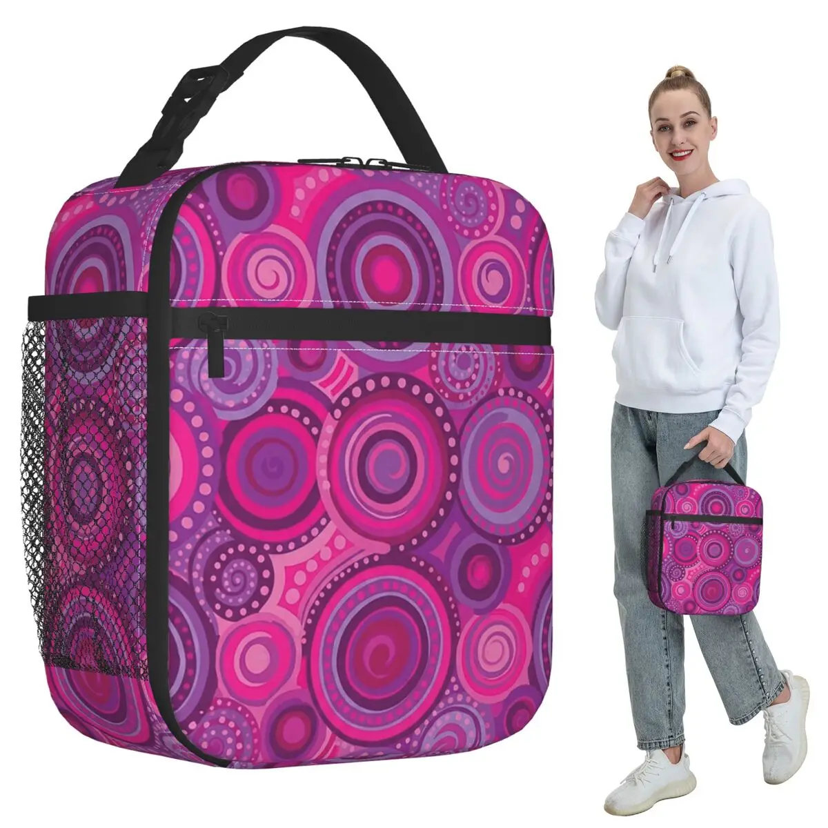 Magenta And Violet Concentric Swirl Insulated Lunch Bag Women Office Cooler Thermal Food Box Tote Portable Lunch Boxes Container