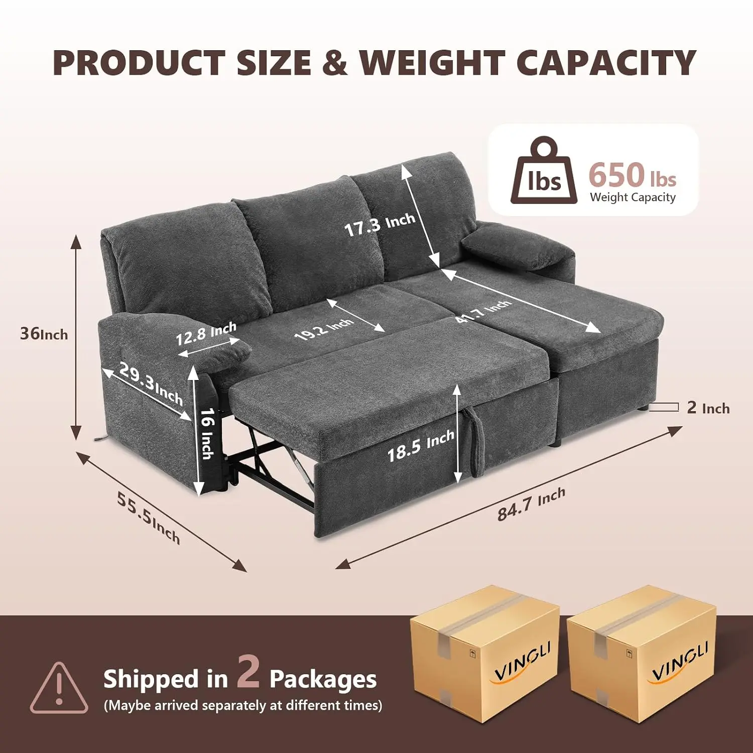 Sectional Sleeper Sofa with Pull Out Couch Bed, 85 Inch L-Shaped Convertible Sofa Bed, 5 Seat Modular Sectional, Customized