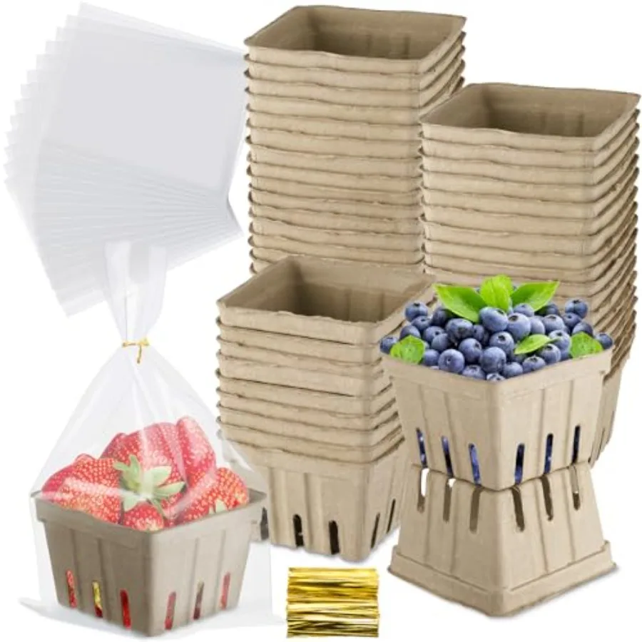 

100 Pack Pulp Fiber Basket Set Including 100 Small Vented Strawberry Berry Baskets 100 Clear Packaging Bags and 100 Tie Strips