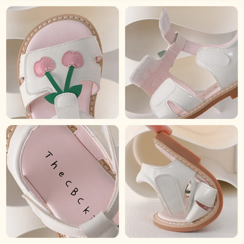 Unishuni-Sandalias de charol para niñas, zapatos de verano con punta abierta y Correa en T, zapatos planos informales de princesa y cereza