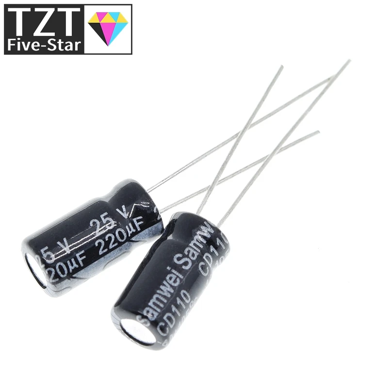 50/100 قطعة جودة عالية 25V220UF 6*12 مللي متر 220 فائق التوهج 25V 6*12 مُكثَّف كهربائيًا