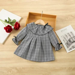 Spring and Fall New Girls Dress Long Sleeve Dress Plaid Pattern Bow Lapel Lace Pleated Sweet Princess Dress