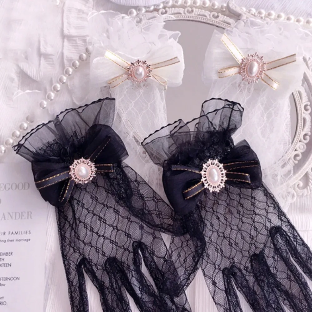 Gothic Black White Lace Gloves Lovely Soft Lace Flower Lace Gloves Gothic Lolita Mesh Bow Glove Cosplay