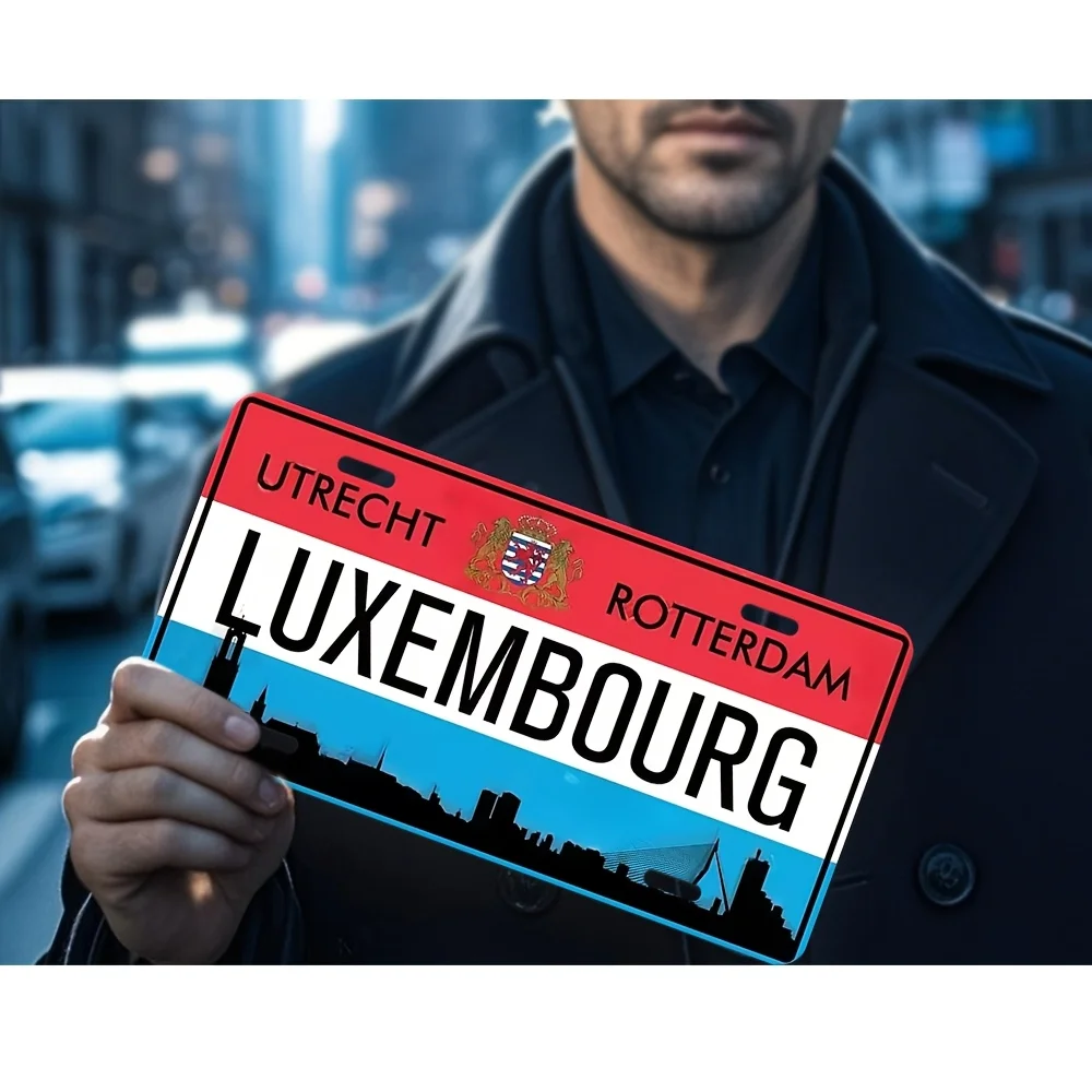Home Decor Sign PlaqueAluminum Luxembourg License Plate Sign -  Retro Wall Art with Rotterdam Cityscape Design, Blue-White-Red