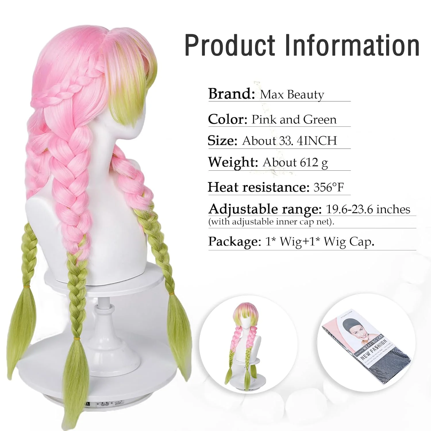 Max Beauty Anime Pink and Green Wig for Mitsuri Cosplay Braided Hair Wig with Pigtails Halloween Party + Cap view 2