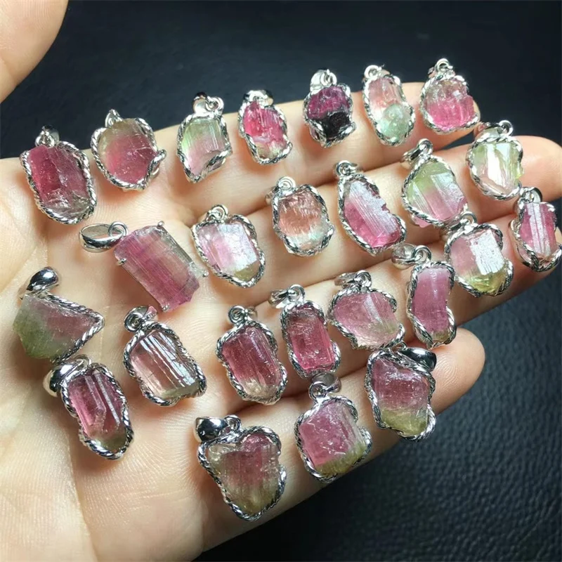 S925 Natural Raw Watermelon Tourmaline Pendant Crystal Polishing Exquisite Girl Jewelry Healing Fengshui Stone Gift 1PCS