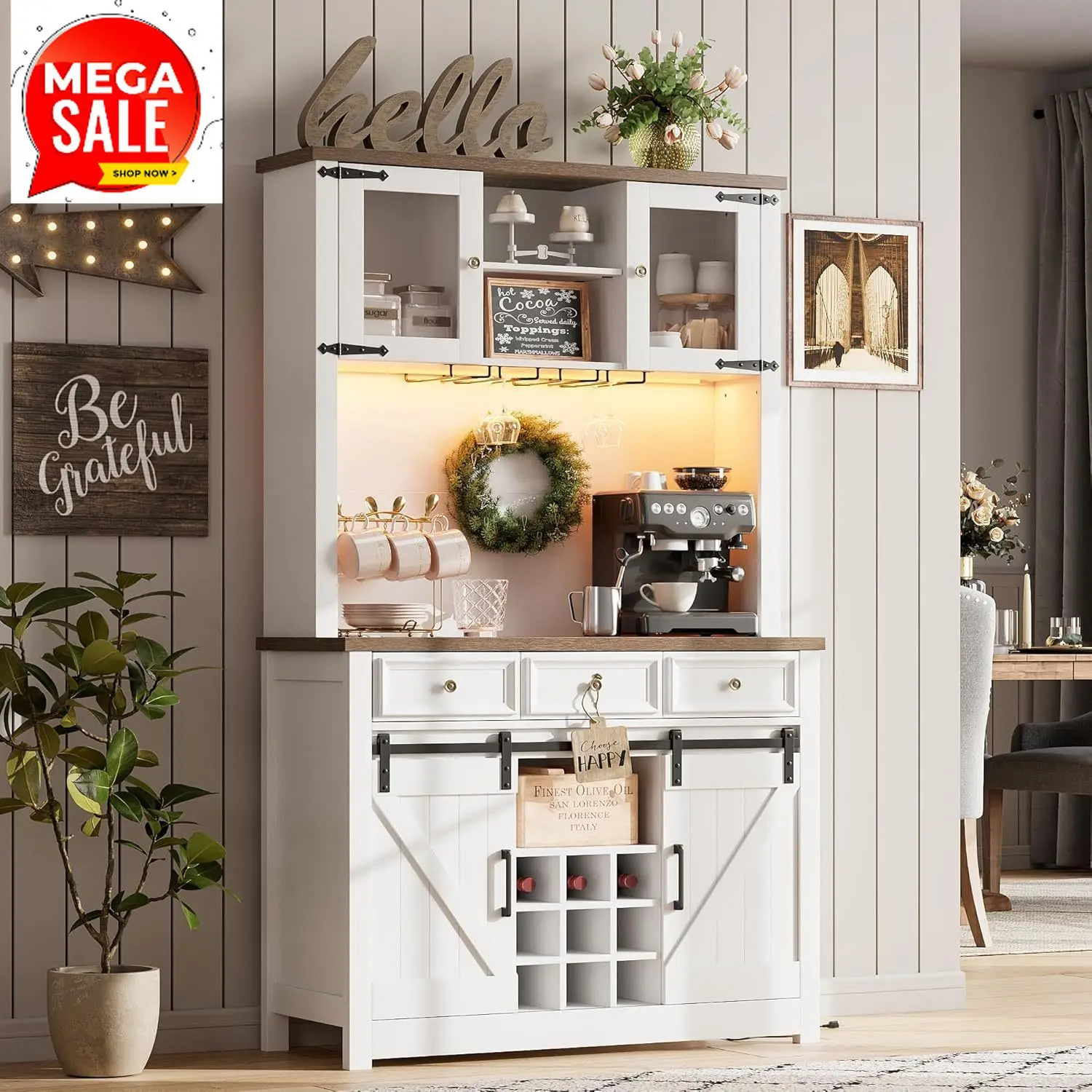 

Бестселлер: 72-дюймовый кухонный буфет в стиле фермерского дома с раздвижной дверью-амбаром, LED-подсветкой и розетками, высокий кухонный шкаф-буфет с 3 секциями