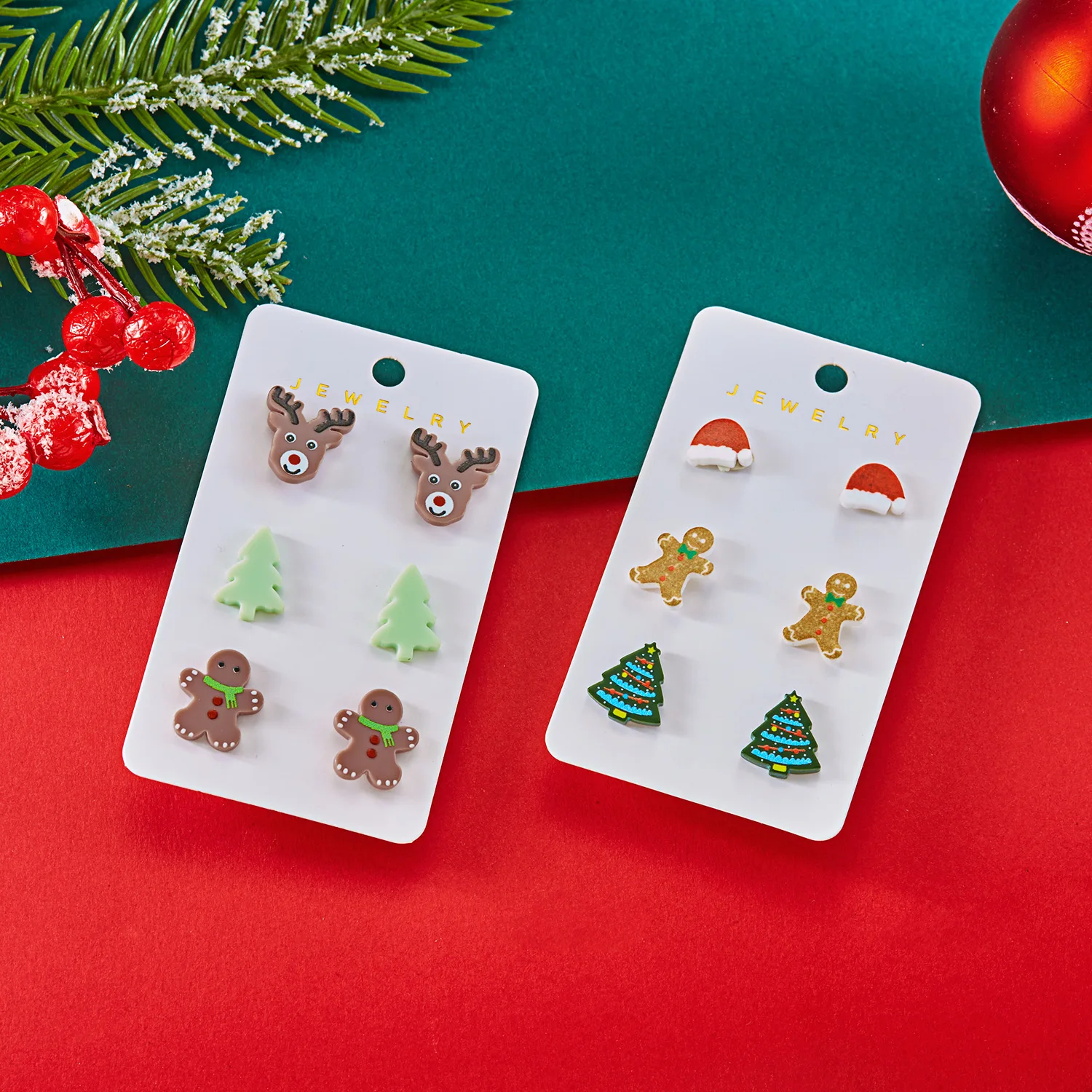 3 Pair/Set Cute Acrylic Christmas Stud Earrings for Women Cartoon Xmas Tree Gingerbread Man Elk Hat Earrings Party Jewelry Gift