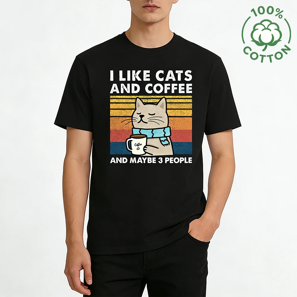 

Cats And Coffee Print T Shirt Men's Street Fashion Skin-friendly Pure Natural Cotton Tee Versatile O-Neck Casual Short-sleeved