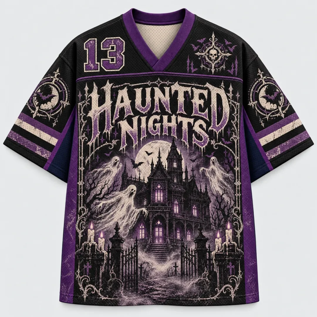 Halloween Haunted House Night Football Jersey Ghost Haunted Castle Moon Bat Print V-neck Gothic Horror Street Sports Uniform