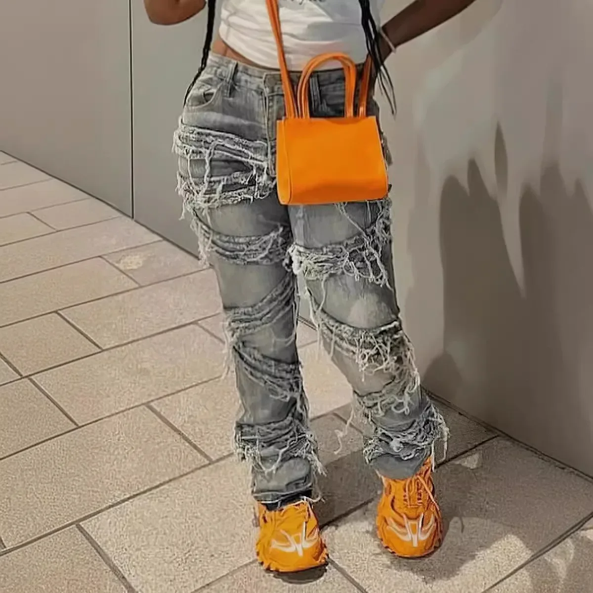 

Street of Europe and America Ripped Washed Patchwork Tassel Jeans, Ladies Autumn New Fashion Leisure Straight Long Jeans