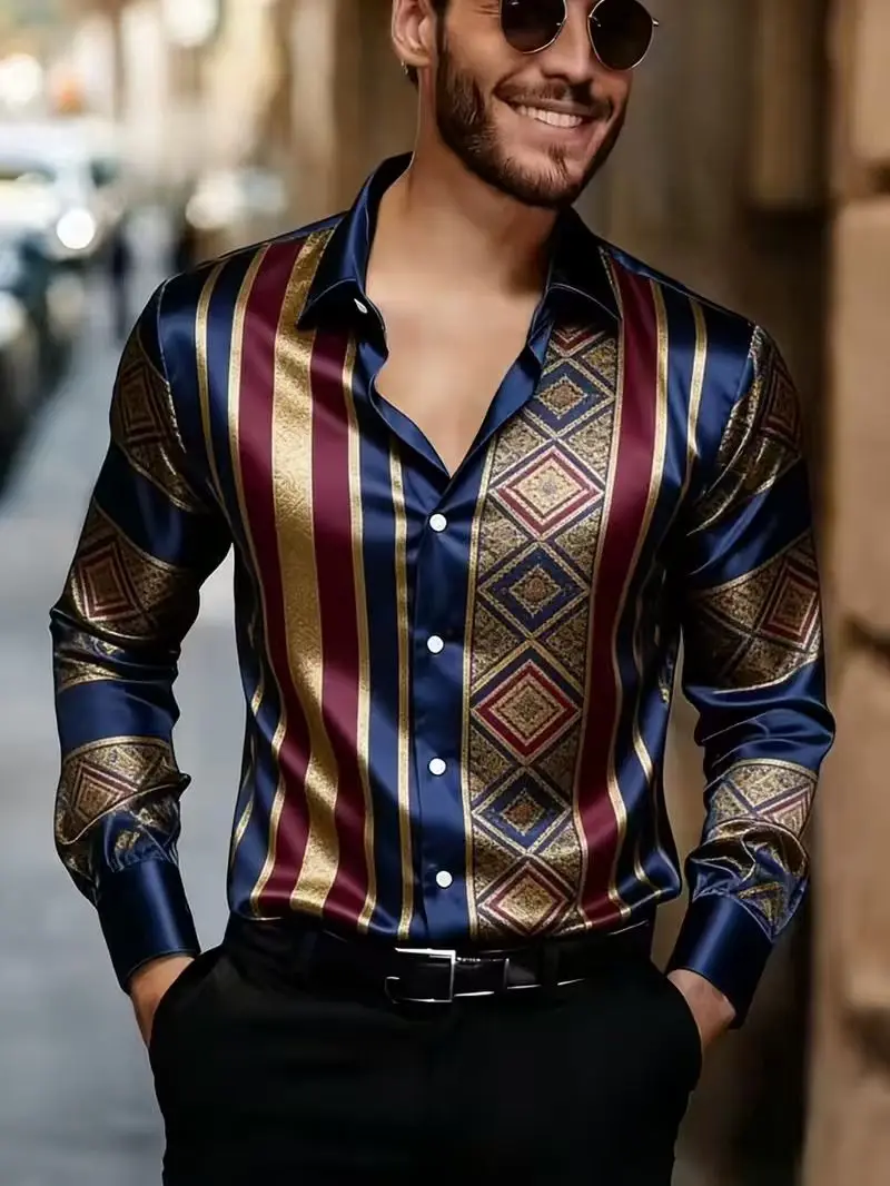 Men's Shirt Satin Vertical Stripe Retro Diamond Ornament Print Long Sleeve Button‑Down Top Party Nightclub Mens Clothing