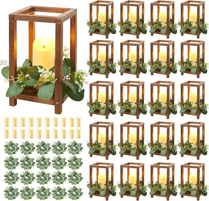60 Pcs/20 Set Wooden Wedding Lantern Centerpiece,Wooden Centerpieces for Tables-with 20 Holders 20 Candles 20 Wreaths for Rustic