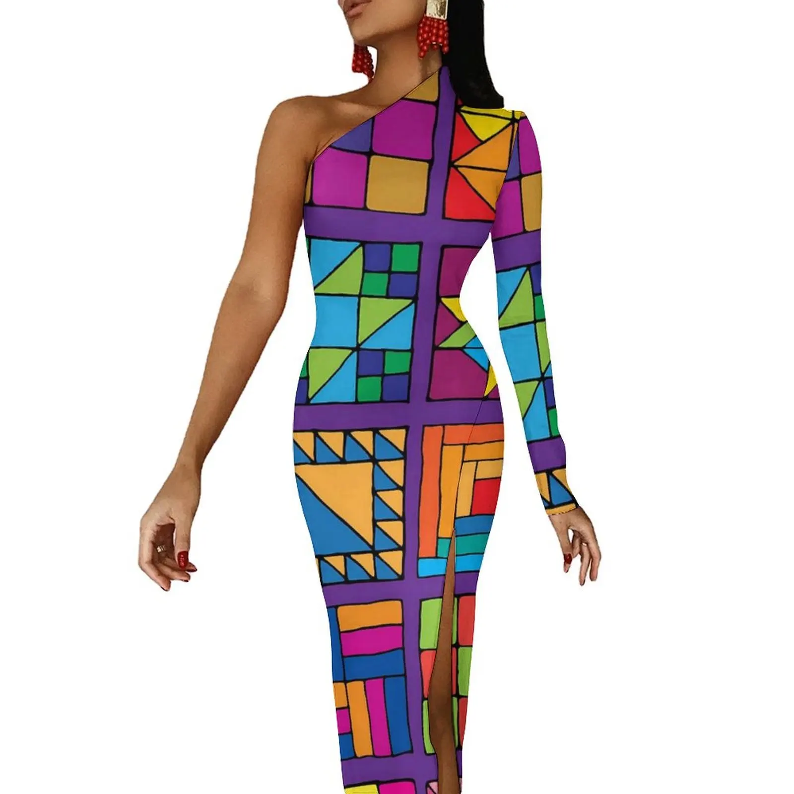 Retro Color Block Maxi Dress Long Sleeve Patchwrok Print Street Style Bodycon Dresses Autumn Cute Dress Womens Graphic Vestido