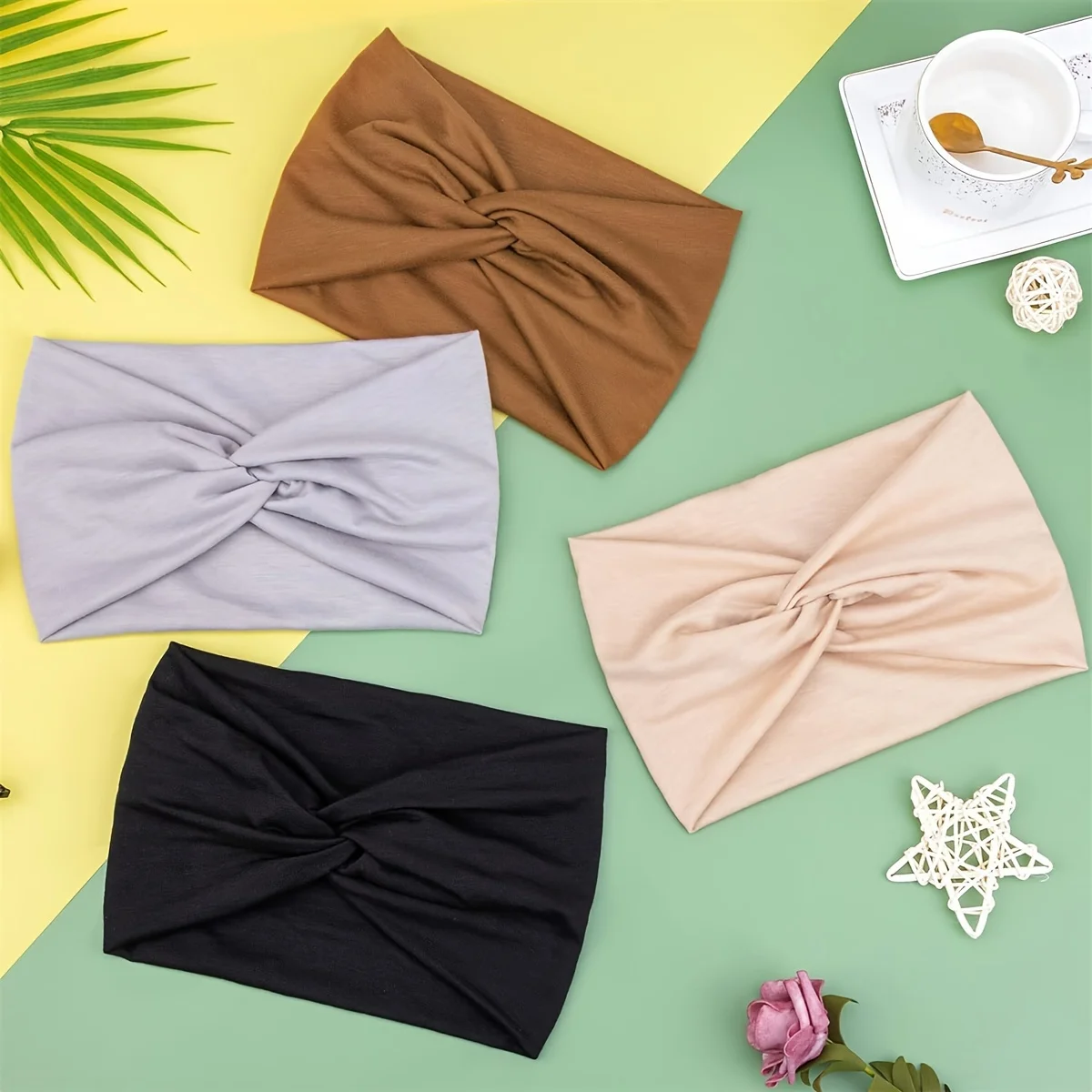 Fascia per capelli larga morbida in stile bohémien da donna, 4 pezzi, adatta per yoga, corsa, accessori per capelli con fascia sportiva