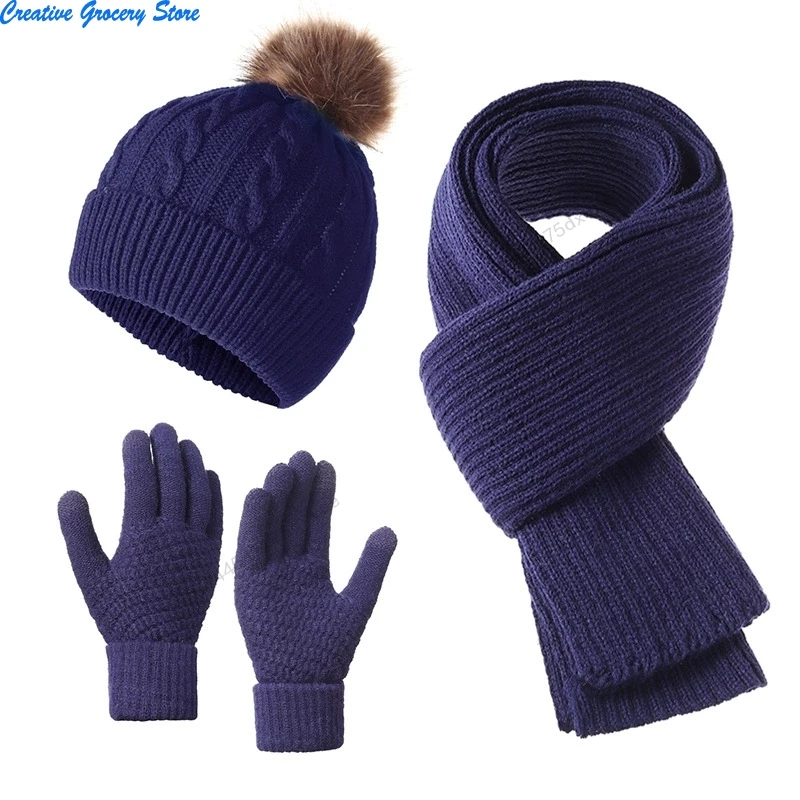 New Year Christmas Red Hat Scarf Gloves 3 Pieces Set Autumn Winter Outdoor Windproof Warm Knit Muffler Hats and Caps for Women