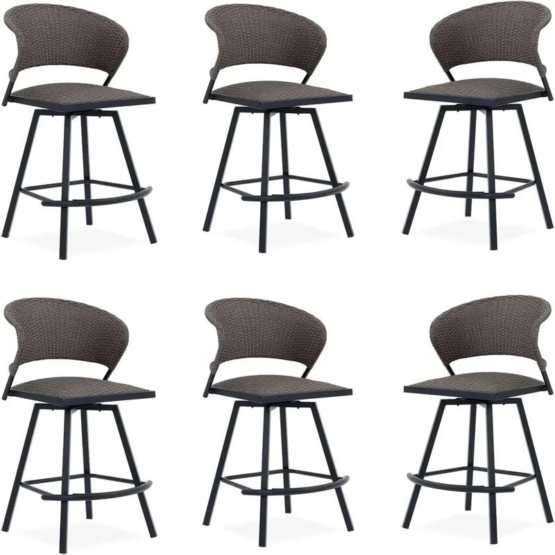 

Set of 6 Bar Height Swivel Patio Stools with Footrests, Brown Woven Wicker, Padded Seats