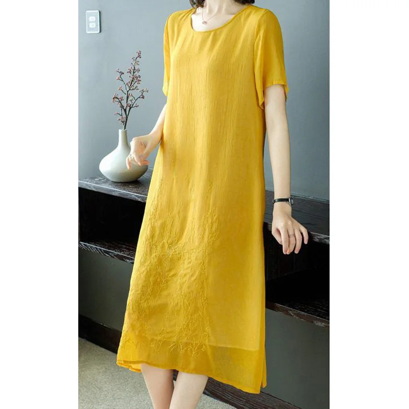 2023 New Chinoiserie Embroidered Dress Round Neck Sheer Solid Color Short Sleeve Pullover Chiffon Vintage Mid Length Dresses