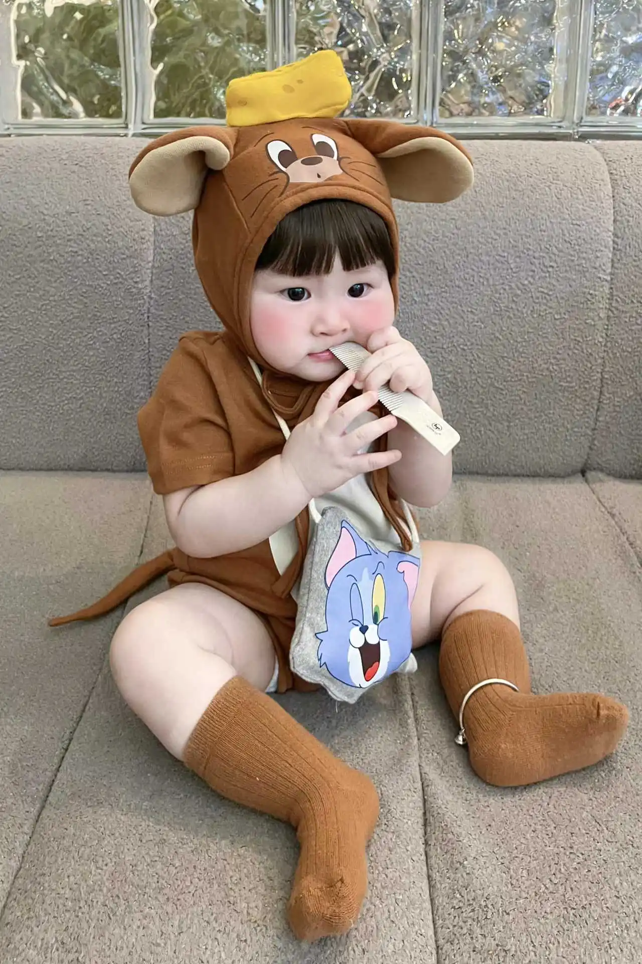 Disfraz de Cosplay de queso y ratón de dibujos animados de Halloween, mono Jerry marrón con traje de cola, fiesta de Carnaval para niño