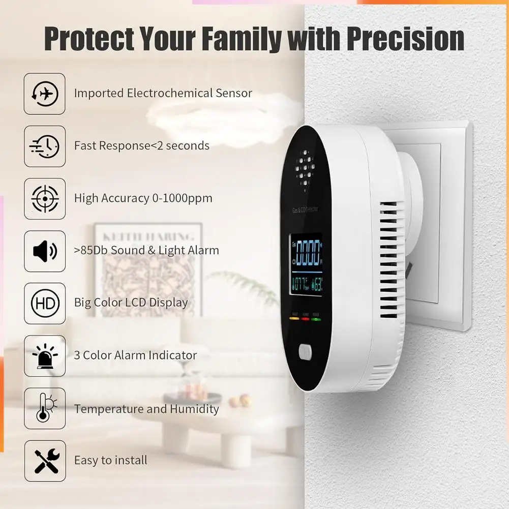 

A92Z Американская вилка, система обнаружения угарного газа и утечки газа со светодиодными индикаторами для домашней безопасности