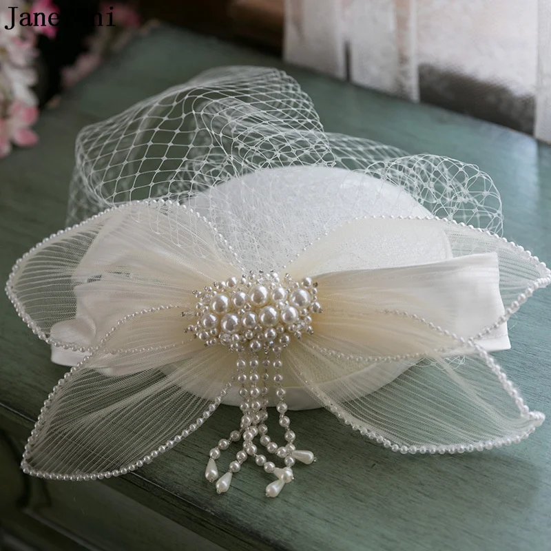 JaneVini-Sombrero de boda blanco elegante con horquillas y Clips, malla con lazo de perlas, velo facial, sombreros de novia, accesorios para el cabello de cóctel de fiesta