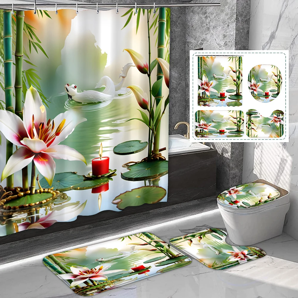 

1 комплект штор для душа из полиэстера с принтом лей и бамбуковой лилии, естественный стиль, с пластиковыми крючками и ковриками для ванной комнаты.