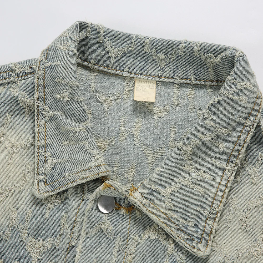 Chaqueta vaquera para hombre, abrigo vaquero de algodón tejido Jacquard holgado informal, ropa de abrigo con cuello de solapa rasgado azul Vintage