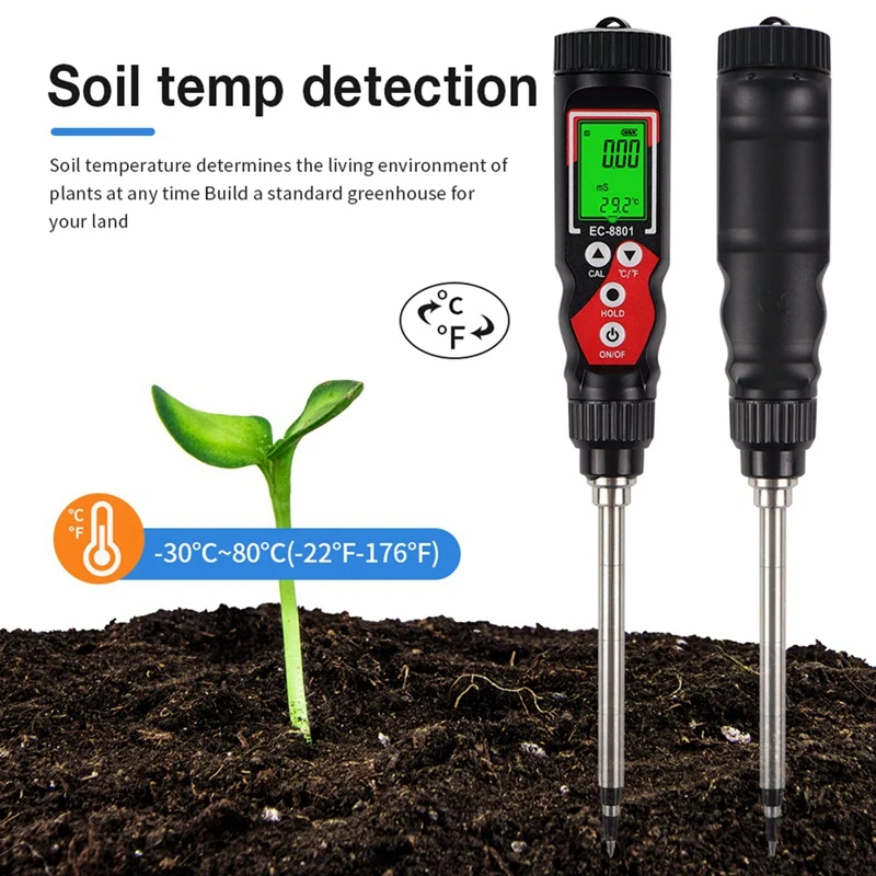Rilevatore di terreno EC Tester di temperatura del terreno digitale EC Misuratore di conducibilità elettrica del terreno per piante in vaso da giardino