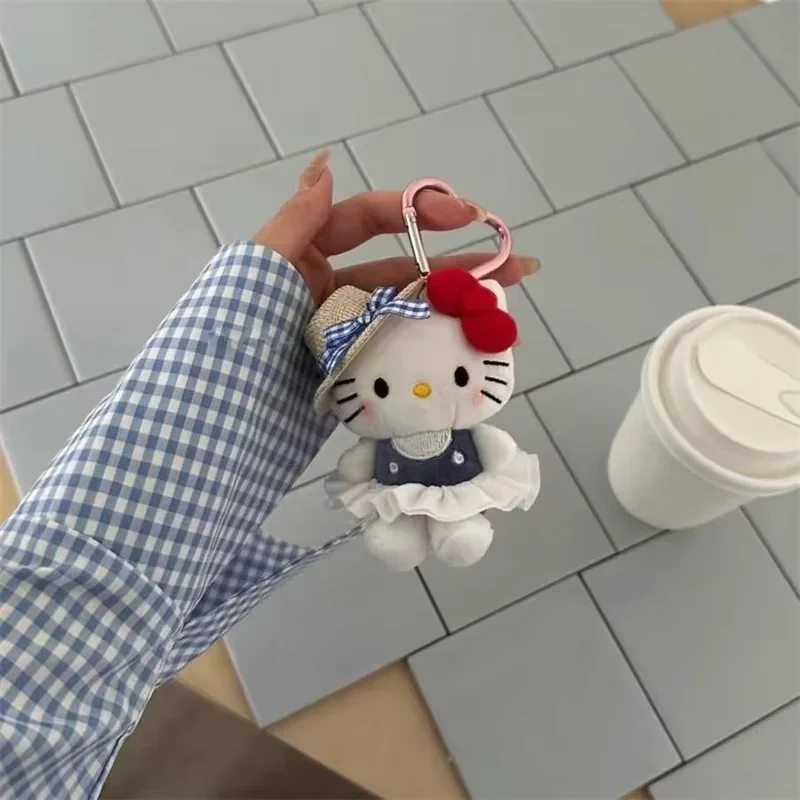 كارتون سانريو القش قبعة كيتي لطيف دمية المفاتيح Kawaii ظهره اكسسوارات الديكور هدية عيد ميلاد