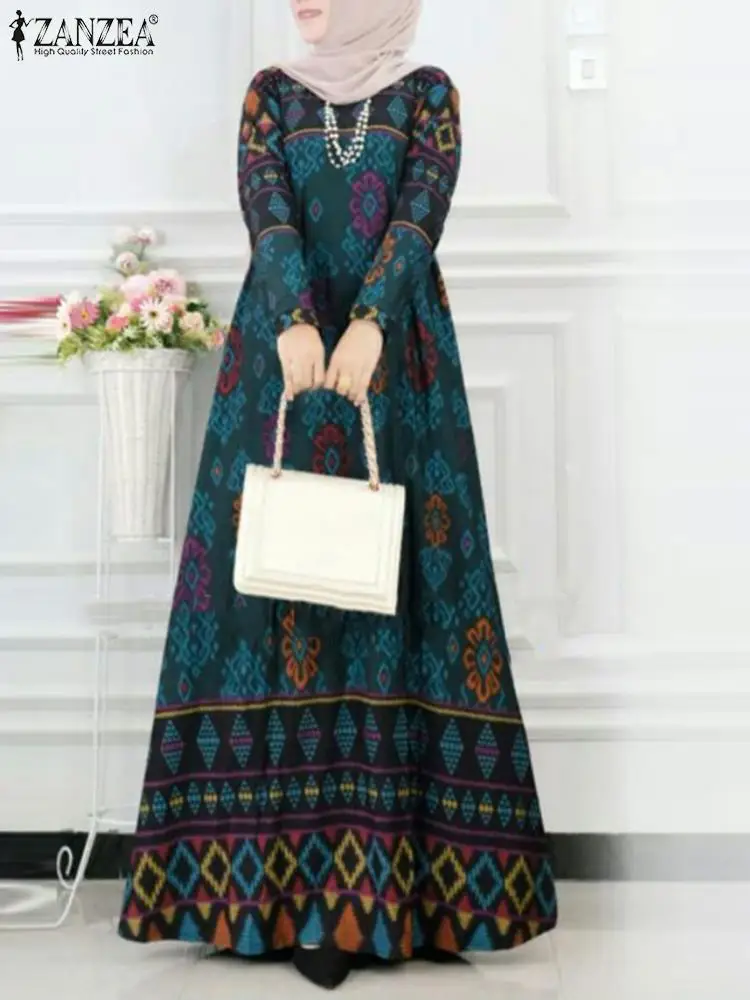 Spring Floral Printed Sundress 2024 ZANZEA Women Vintage Long Sleeve Muslim Abaya Maxi Dress Bohemian Holiday Vestido Robe Femme