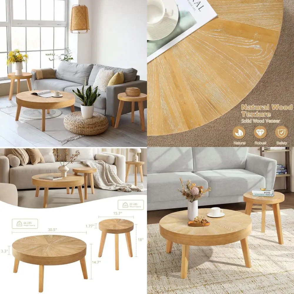 

Set of 3 Farmhouse Style Round Coffee Tables with Bohemian Sofa Side Nesting Tables, Natural Wood Finish for Living Spaces and B