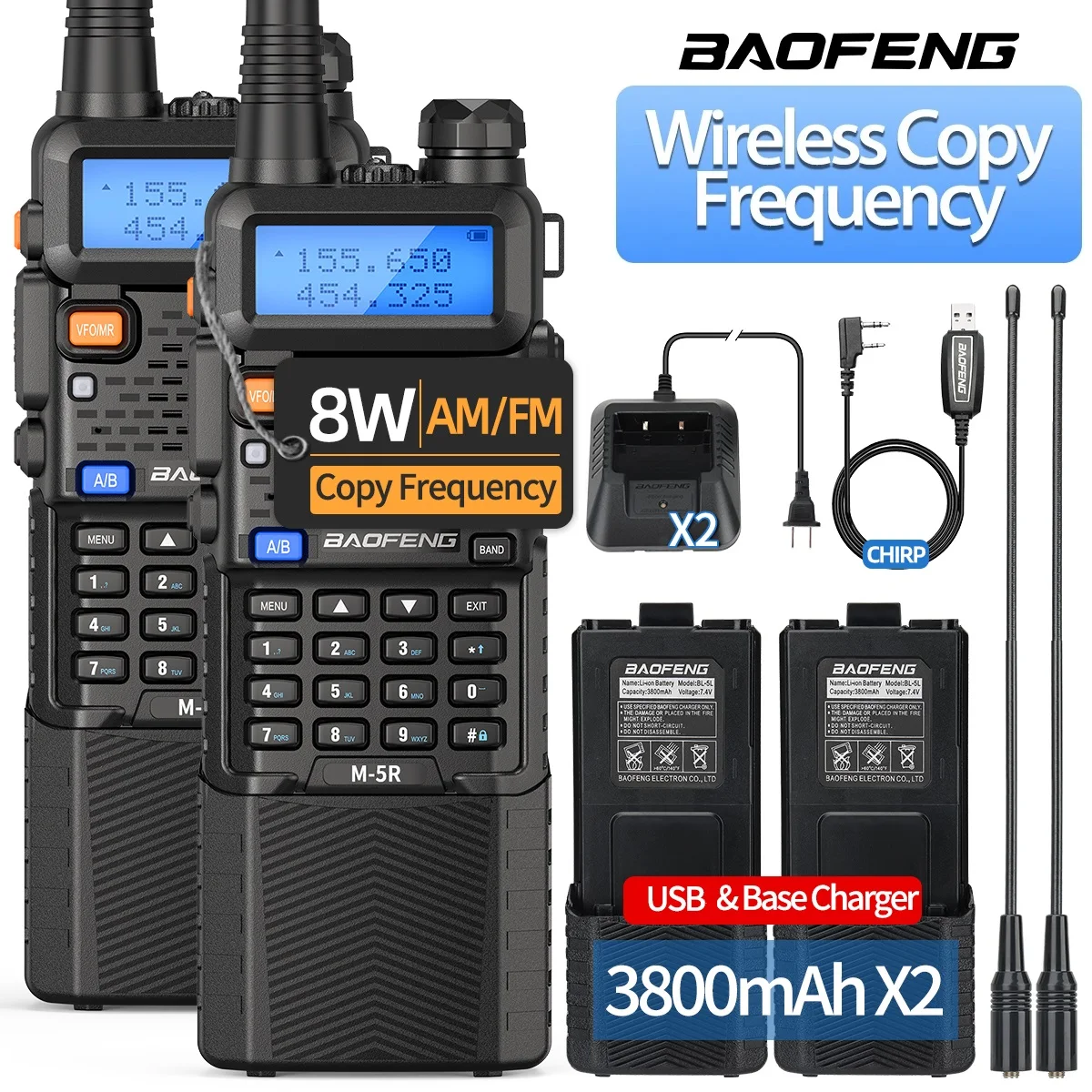 

2PCS Baofeng M-5R Walkie Talkie Multi Band Rechargeable 3800mAh Battery UV-5R Ham Radio Handheld Long Range for Hunting Camping