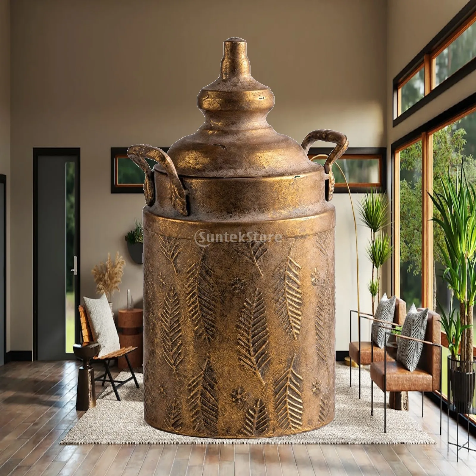 Vintage Iron Vase with Snug Lid Leaf Pattern Accent for Dried Floral Arrangements Entry Table Styling