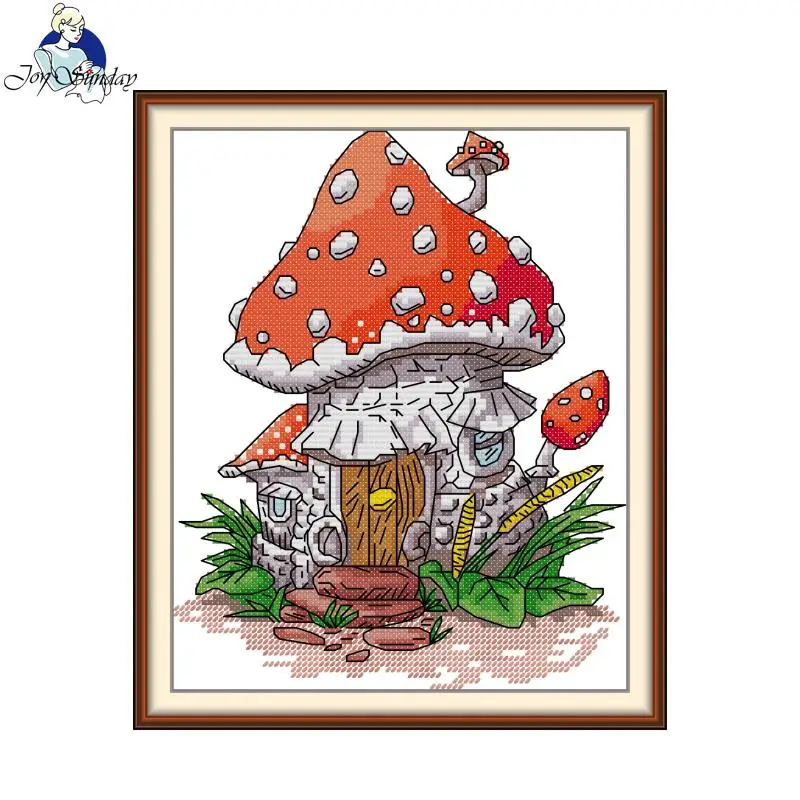 

Joy Sunday Cross Stitch Kit Mushroom House HD Pattern Aida 16/14/11CT DMC Thread DIY Hand Embroidery Kit Art Crafts Home Decor