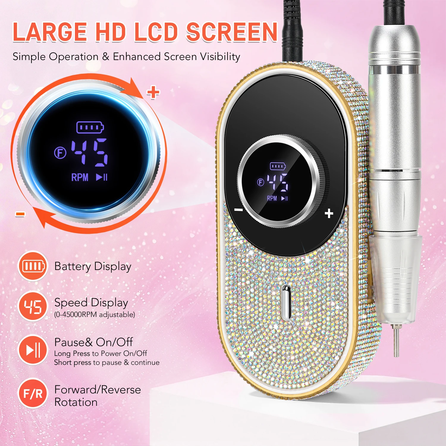 مثقاب أظافر كهربائي مرصع بحجر الراين: 45000 دورة في الدقيقة، قابل لإعادة الشحن، شاشة LCD عالية الدقة - مبرد أظافر احترافي من فئة الصالونات #3