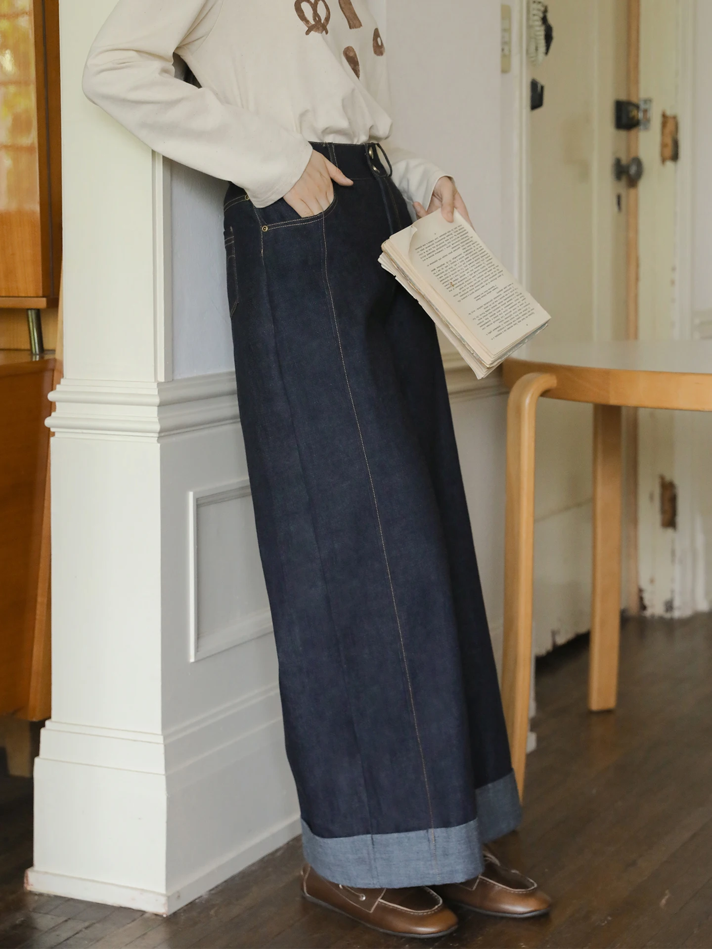 

Джинсы Nesoulum с высокой талией, прямые, синие, женские, осенние, винтажные, с эффектом похудения, полностью хлопковые, длинные брюки, повседневные