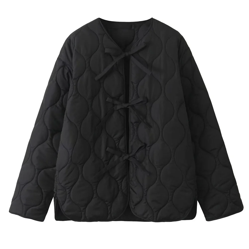 2024 Autumn New Product: Women\'s Clothing with Diamond Grid Pattern, Simple Butterfly Knot, Round Neck Cotton Jacket and Coat