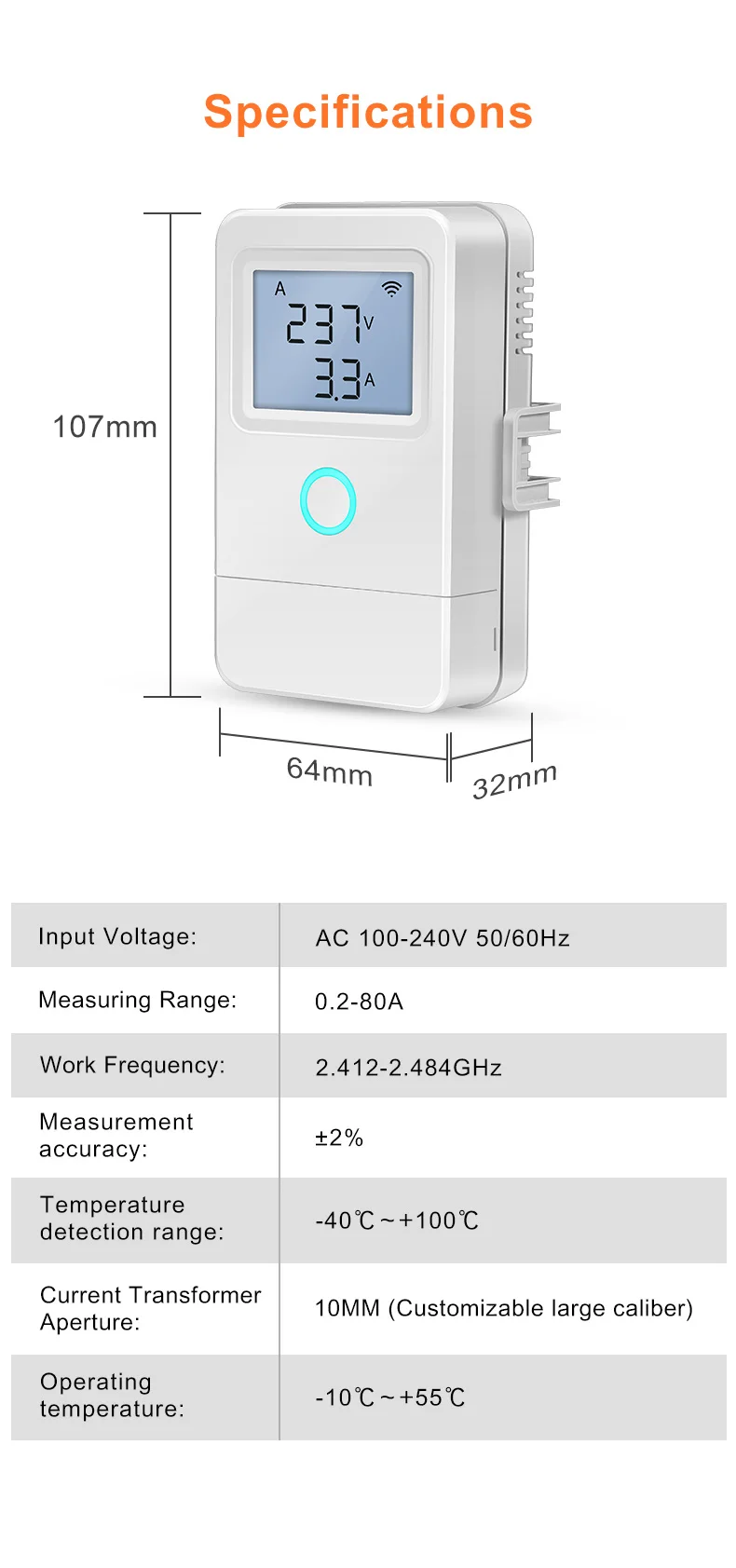 Tuya WiFi Smart Stromzähler 3 Stromwandler 1-Wege 16A Schalter LCD-Display Überhitzungsalarm Flammhemmendes Material – Detail 15
