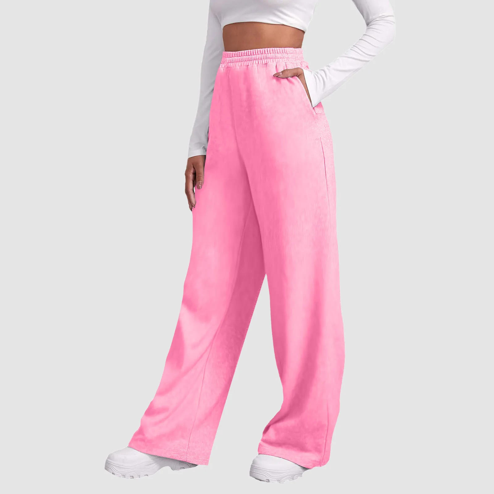 Women’s Fleece Lined Warm Workout Wide Leg Sweatpants Loose Fit Solid Color Pocket Joggers Pants High Waist Simple Trousers