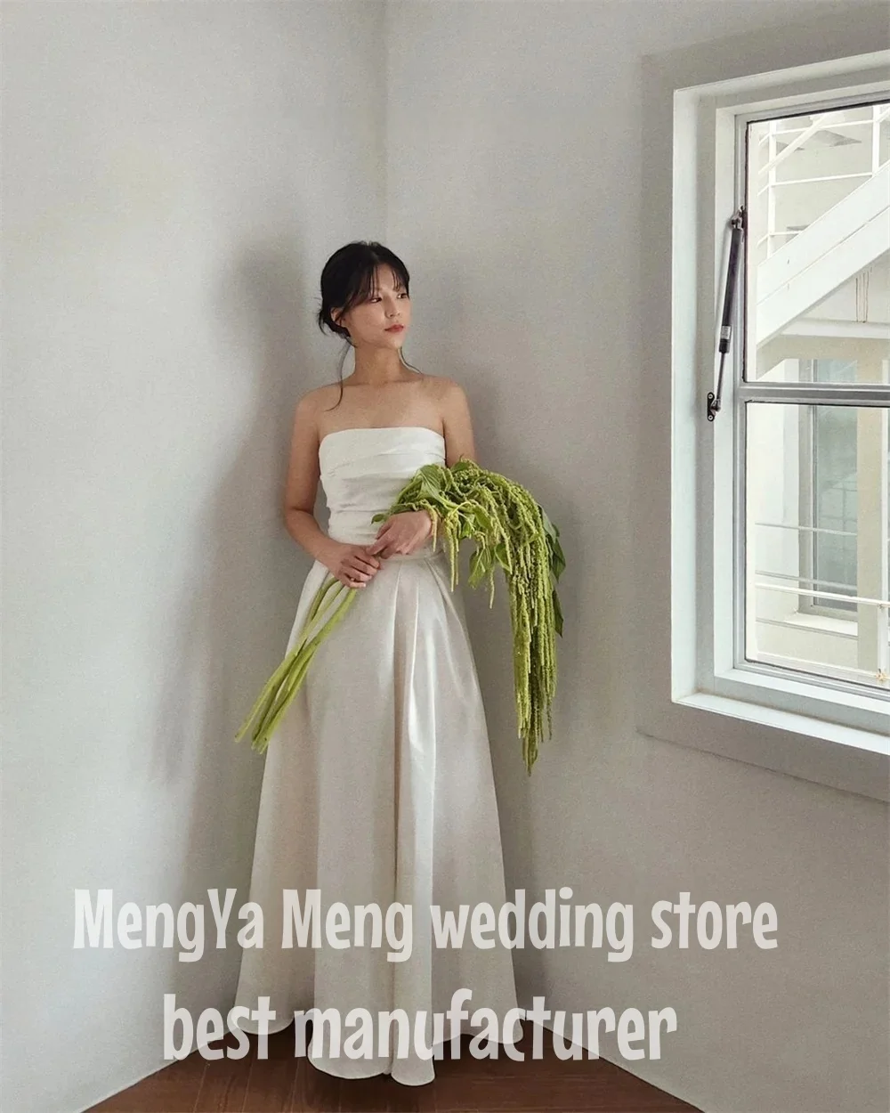 ZHUISHU Simple Korea Photo Shoot Wedding Reception Dress Elegant Strapless Bridal Gown Floor-Length Dress Custom Made for Bride