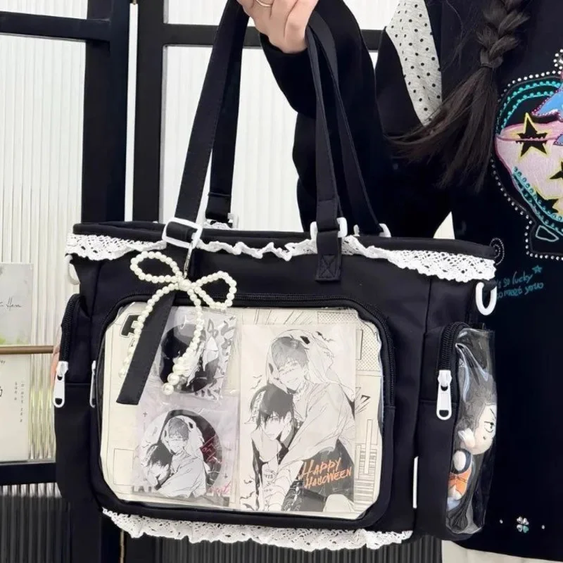 

Y2K Kawaii Lace Trim Itabag Sweet Clear Front Japanese Style Soft Girl Crossbody Tote Bag Student Otaku Anime Badge Display New