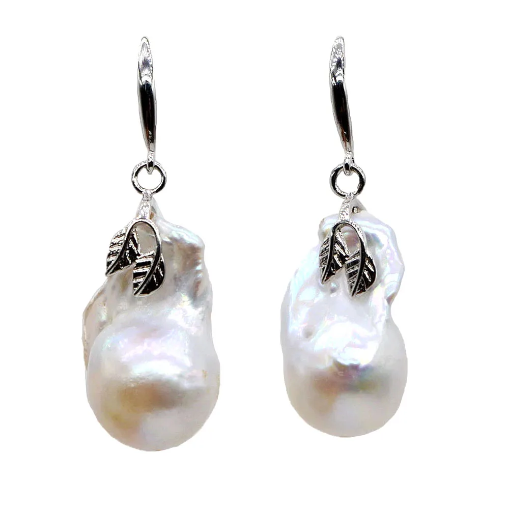 Women\'s Earrings White Natural Baroque Pearl Silver Earrings Diameter 15mm Water Drop Pearl Drop Baroque Earrings Free Shipping