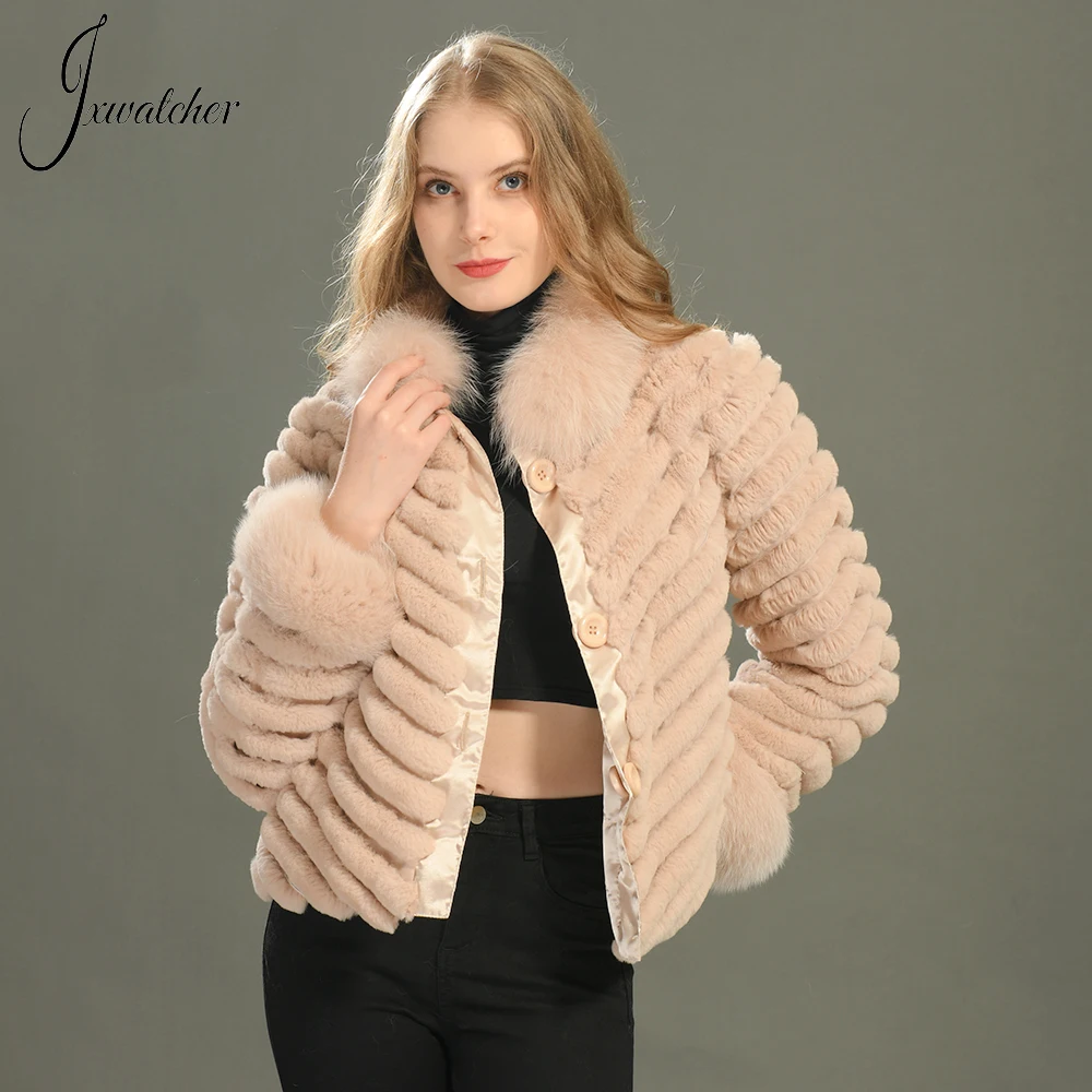 Jxwatcher Natural Rabbit Fur Coat For Women Winter Fashion Reversible Fur Jacket With Real Fox Fur Ladies Luxury Casaco Autumn