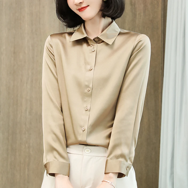 

New Real Silk Women's Satin Shirt Basic Blouse Women Long Sleeve Woman Elegant Blouses Tops Office Lady Work Solid Shirts
