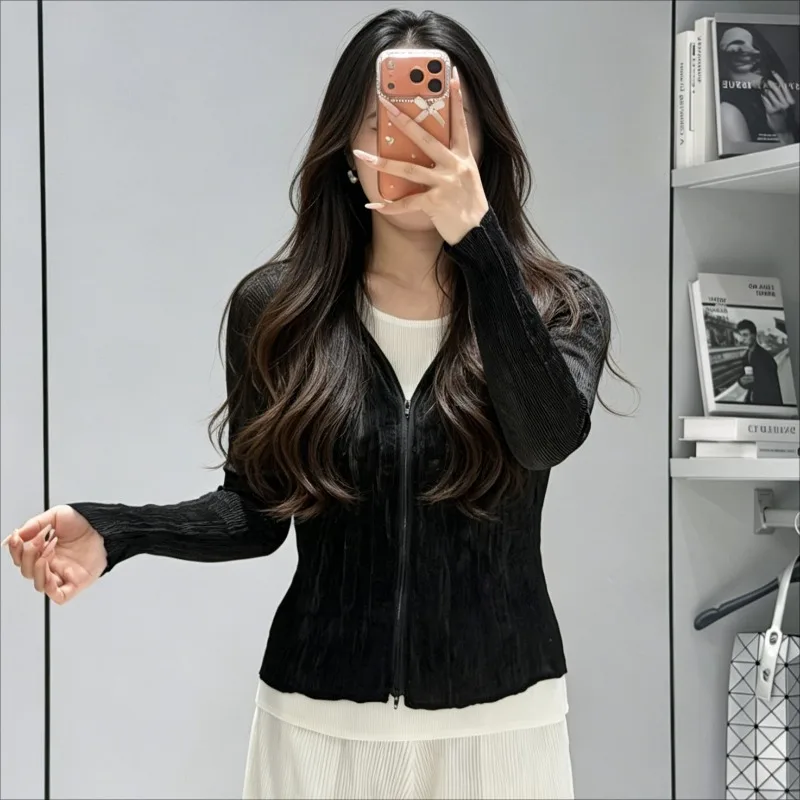 Miyake Pleated Jacket 2026 Autumn New Simple Casual Handmade Wicker Pleated Double Zipper Fashion Long Sleeve Women's Top