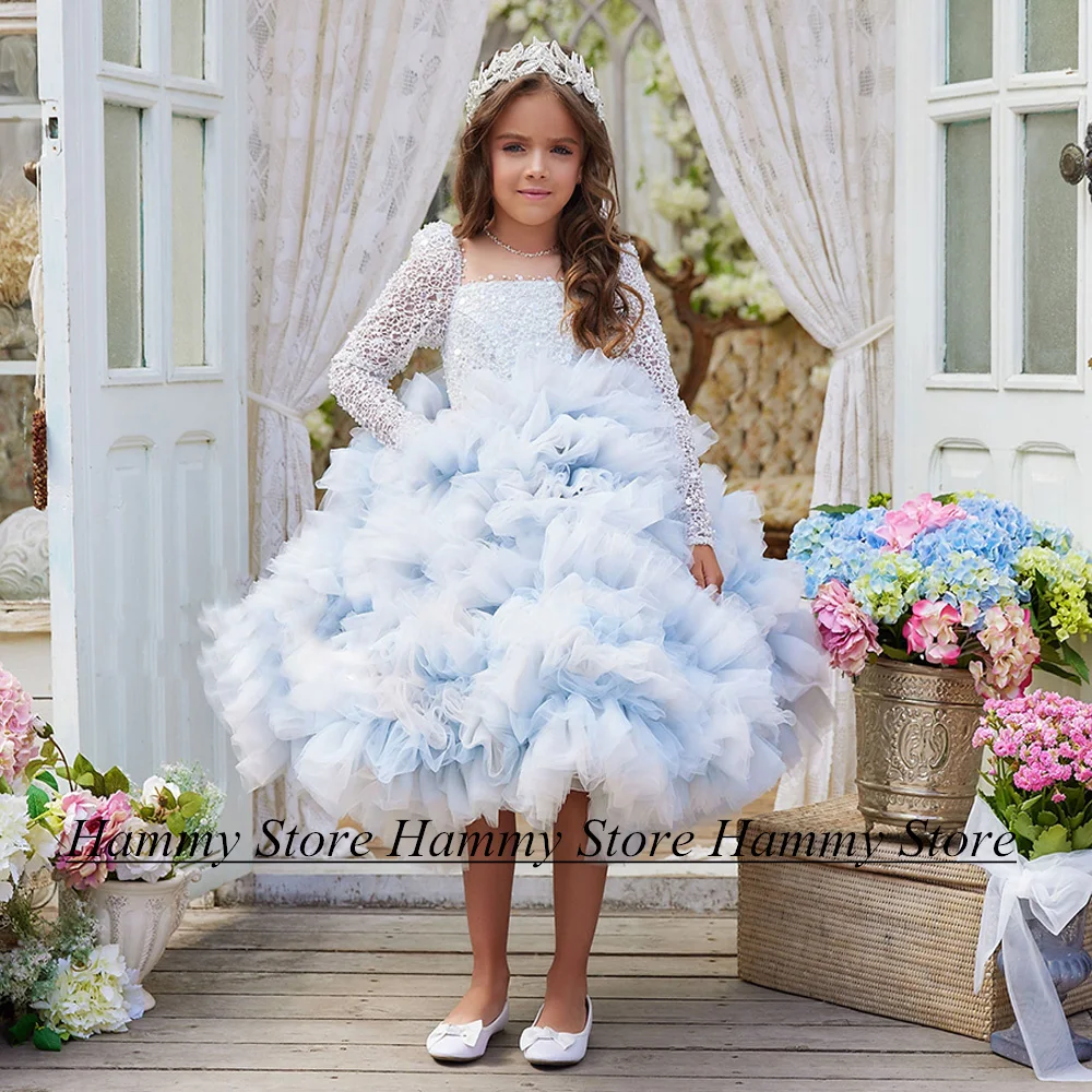 Contrast Color Flower Girl Dress New Arrival Sheer Round Neck Long Sleeves Lace Ruffles Tulel Puff Girls Birthday Party Gown