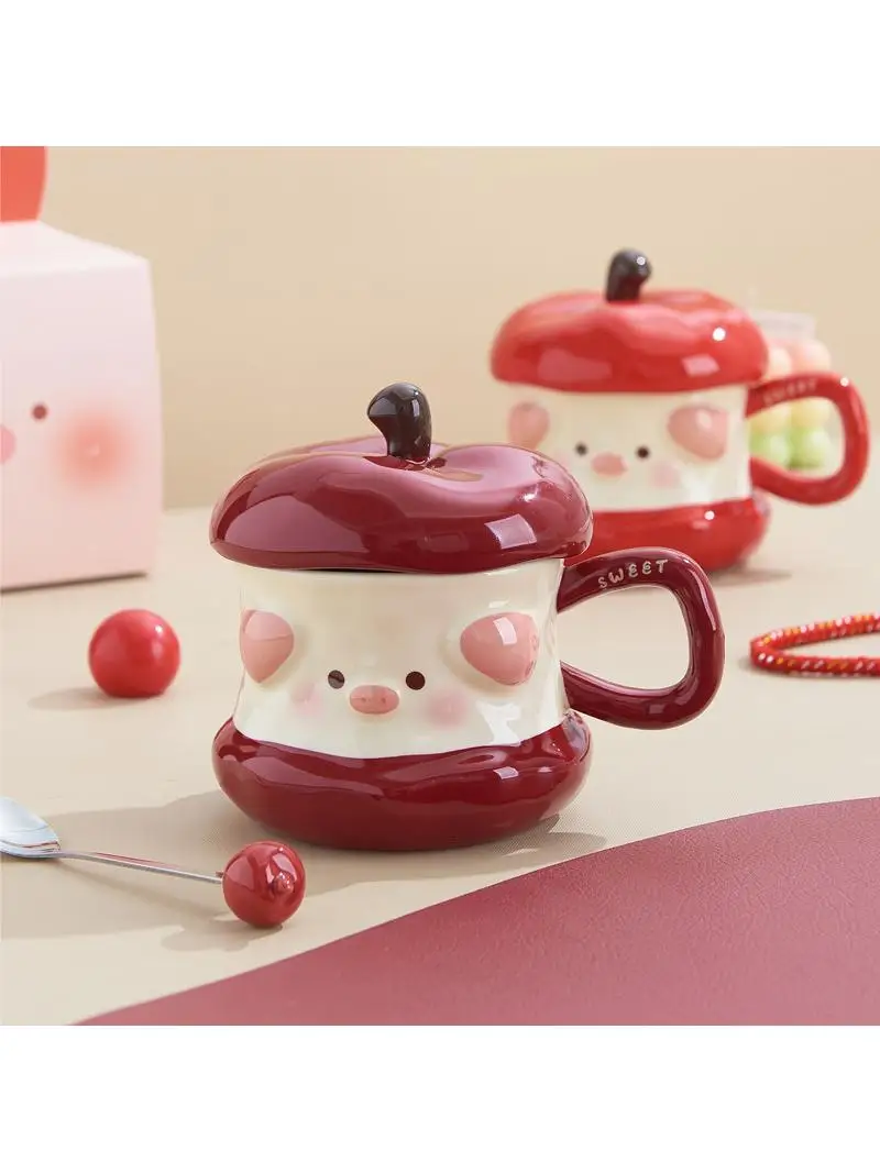 Ceramic Pig Mark Cup Office Coffee Cup Design Sense Home Use Creative Decoration Weird Cup Glazed under Color with Lid