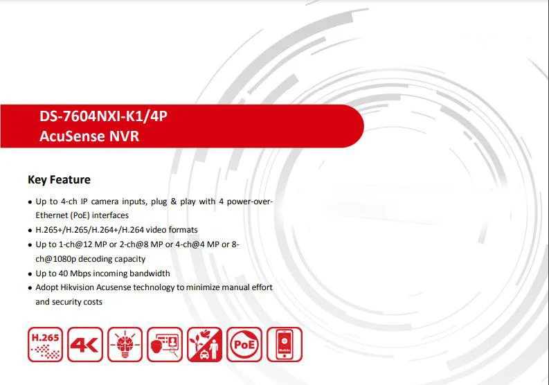 Imagem -02 - Hikvision-network Video Recorder Entradas de Câmera 4k Suporte a Câmera de Terceiros Poe 1u Acusense 4k Ds7604nxi-k1