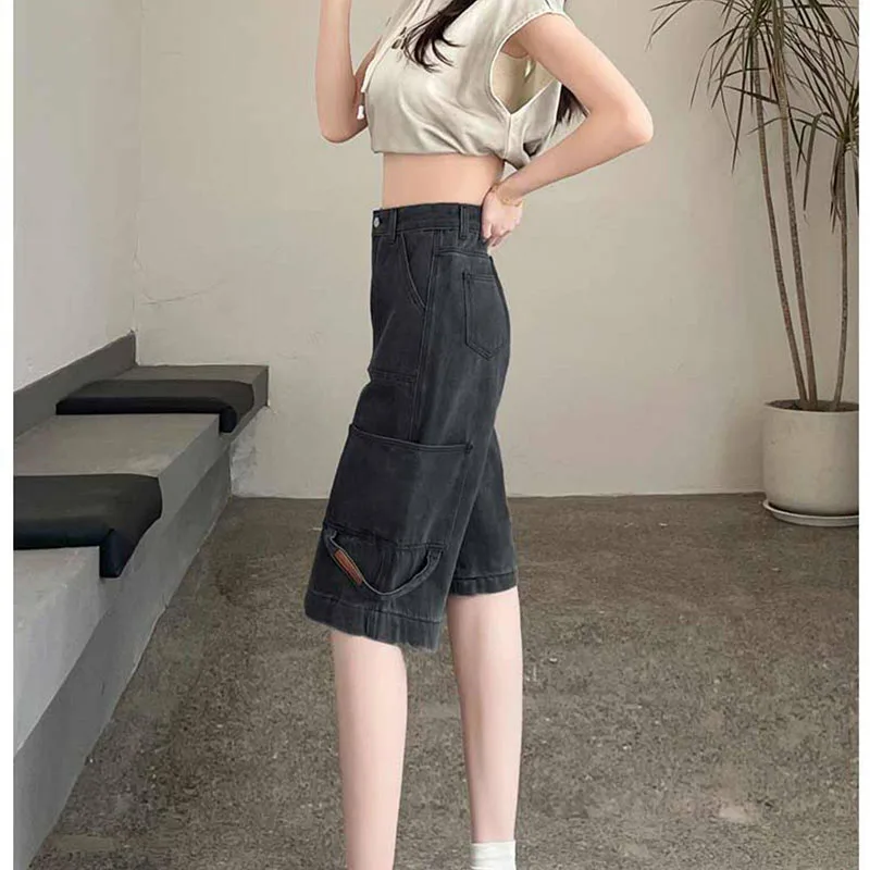 Y2K Blue Washed Cargo Wide Leg Shorts 2026 Women High Waist Pocketed Jeans Shorts New Knee Length Casual Summer Denim Pants Lady view 4